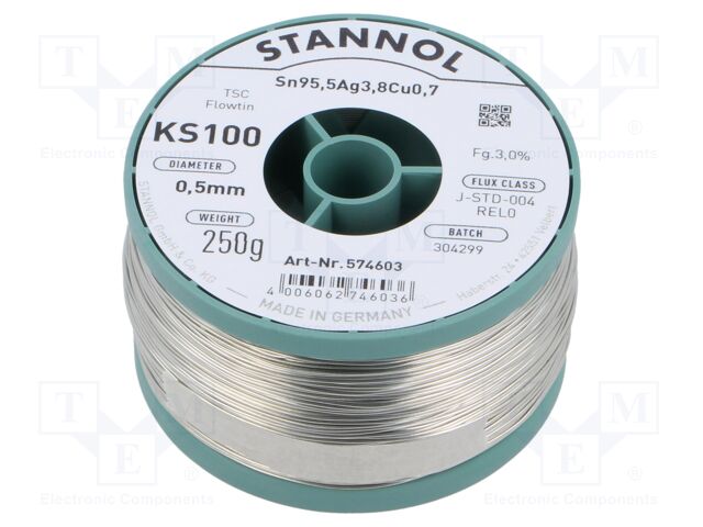 Soldering wire; Sn95Ag4Cu1; 0.5mm; 0.25kg; lead free; 217°C
