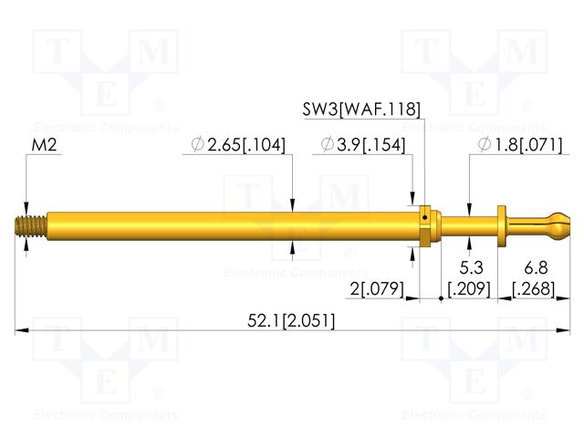 Test needle; Spring compression: 4mm; 5.3mm; 16A; CuBe; Ø: 2.6mm