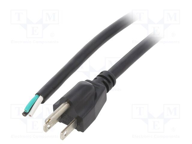 Cable; 3x16AWG; NEMA 5-15 (B) plug,wires; PVC; 1m; black; 13A; 125V