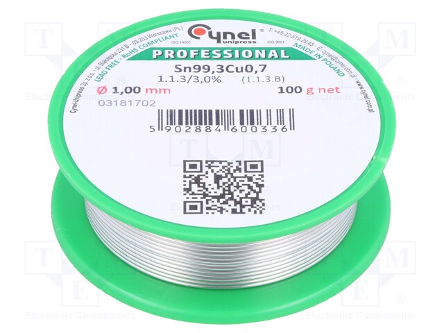 Soldering wire; Sn99,3Cu0,7; 1mm; 100g; lead free; Package: reel