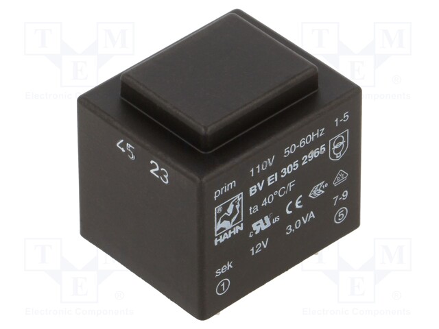 Transformer: encapsulated; 3VA; 110VAC; 12V; 250mA; Mounting: PCB