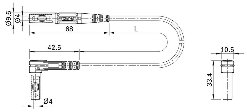 Test lead; 19A; banana plug 4mm,angular banana plug 4mm; yellow