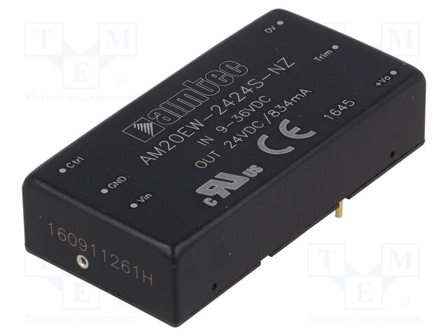 Converter: DC/DC; 20W; Uin: 9÷36V; 24VDC; Iout: 834mA; 2"x1"; 26g