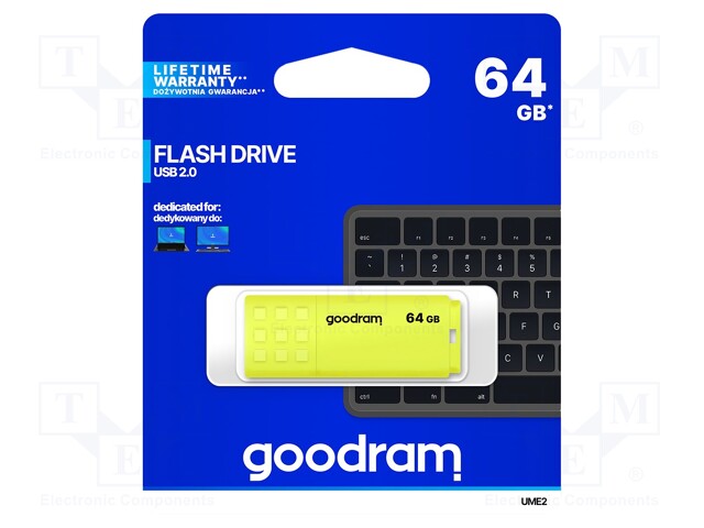 Pendrive; USB 2.0; 64GB; Read: 20MB/s; Write: 5MB/s; Colour: yellow