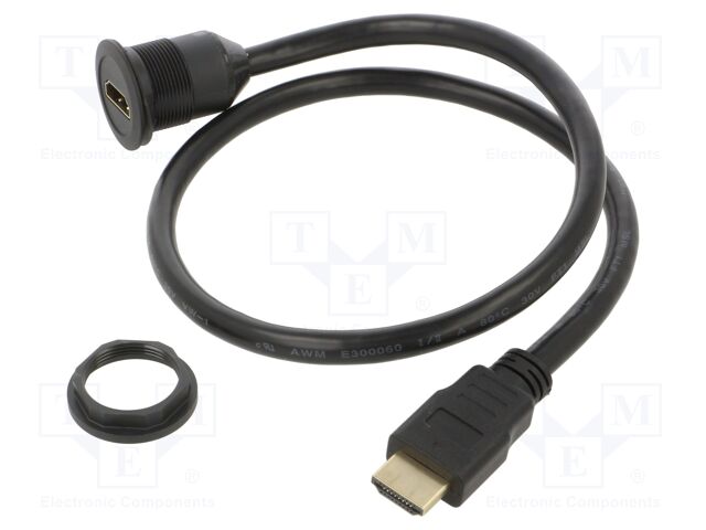 HDMI socket; IP65; round; black; Ø22.3mm; -25÷60°C