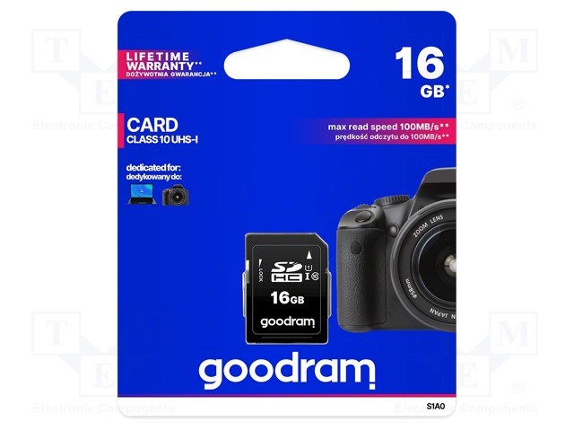 Memory card; SD HC; 16GB; Read: 100MB/s; Write: 10MB/s; UHS I