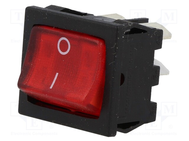 ROCKER; DPST; Pos: 2; OFF-ON; 10A/250VAC; 10A/28VDC; red; Body: black