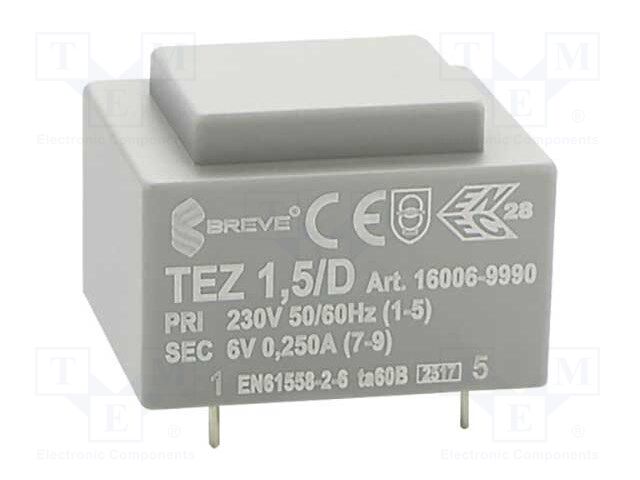 Transformer: encapsulated; 1.5VA; 230VAC; 6V; 250mA; Mounting: PCB