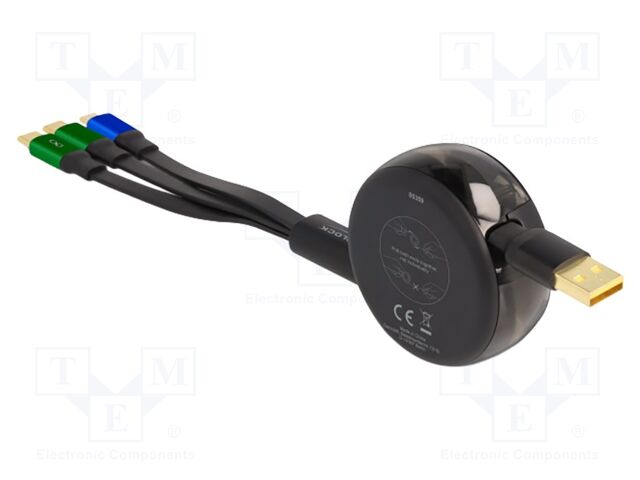 Cable; USB 2.0,rolled; gold-plated; 1.13m; black; 22AWG; 5V; 3A