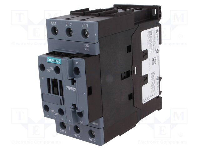 Contactor: 3-pole; NO x3; Auxiliary contacts: NO + NC; 230VAC; 50A