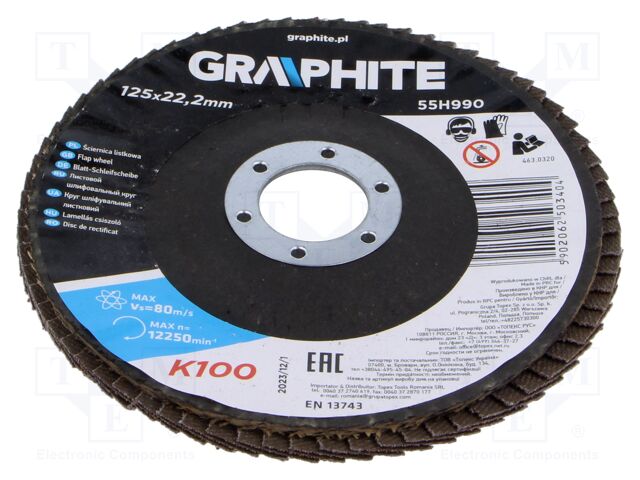 Flap grinding wheels; Ø: 125mm; Øhole: 22.2mm; Granularity: 100