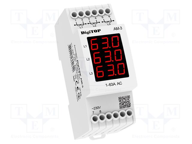 Ammeter; digital,mounting; 1÷63A; for DIN rail mounting; LED