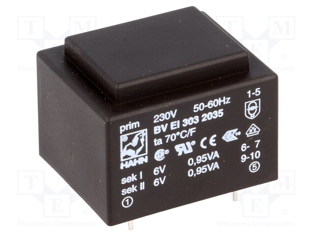 Transformer: encapsulated; 1.9VA; 230VAC; 6V; 6V; 158mA; 158mA; 81g