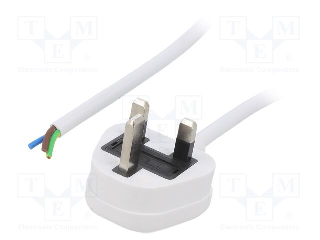 Cable; 3x1mm2; BS 1363 (G) plug,wires; PVC; 1m; white; 13A; 250V