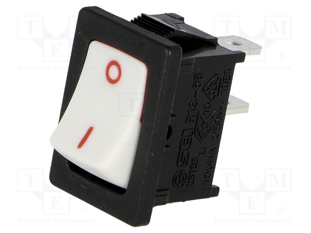 ROCKER; SPST; Pos: 2; OFF-ON; 10A/250VAC; white-red; none; 50mΩ