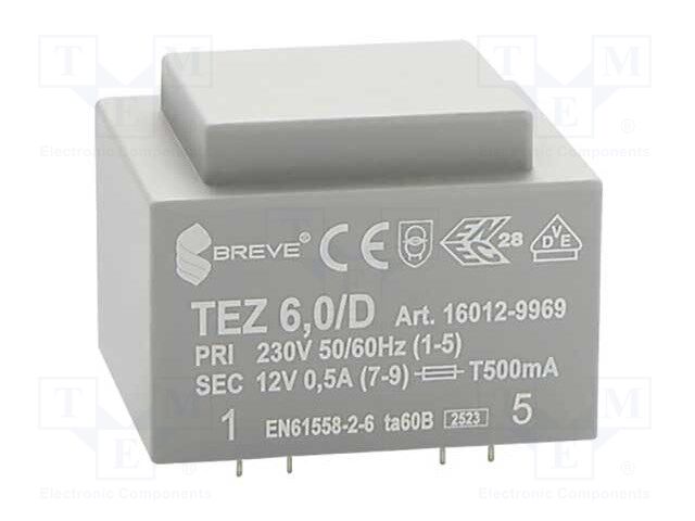 Transformer: encapsulated; 6VA; 230VAC; 12V; 500mA; Mounting: PCB