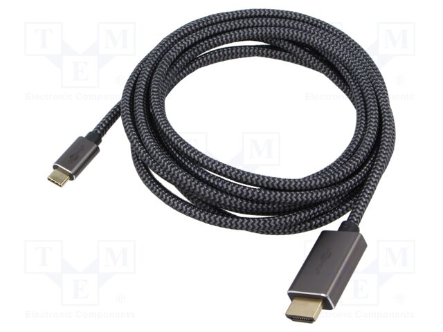 Cable; HDMI plug,USB C plug; textile; 3m; black,silver