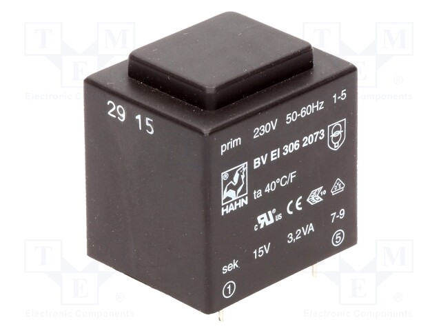 Transformer: encapsulated; 3.2VA; 230VAC; 15V; 213mA; Mounting: PCB
