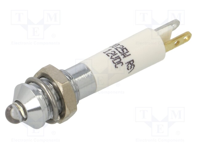 Indicator: LED; prominent; white; 12VDC; Ø6mm; 2x0,8mm connectors