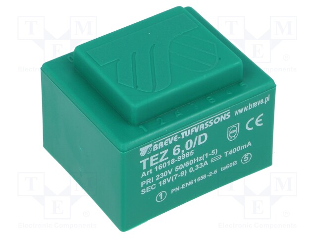 Transformer: encapsulated; 6VA; 230VAC; 18V; 333.3mA; Mounting: PCB