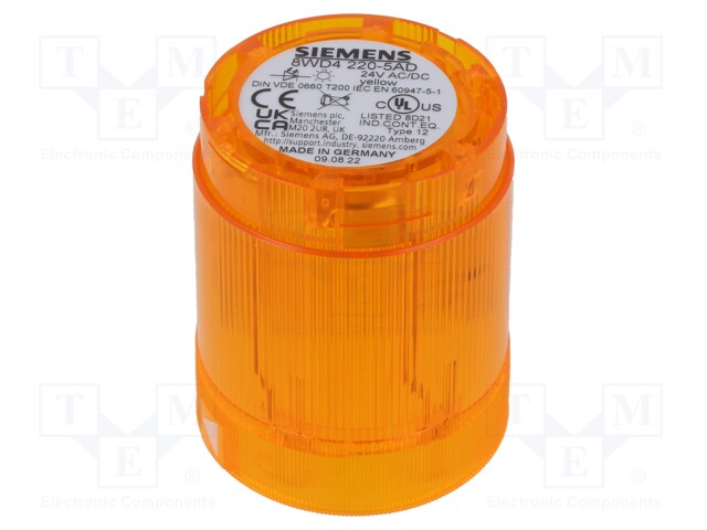 Visual Signal Indicator, Yellow, Continuous, 24 VDC, 24 VAC, IP54, 50 mm Dia, 67 mm Height