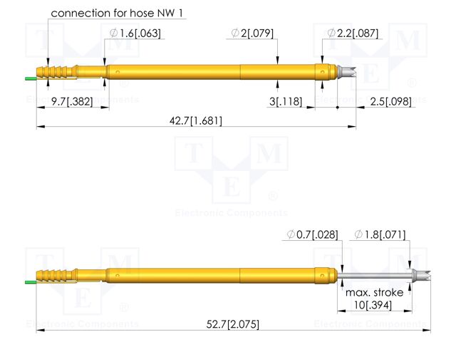 Test needle; Spring compression: 6mm; 10mm; 1A; steel; Ø: 1.3mm
