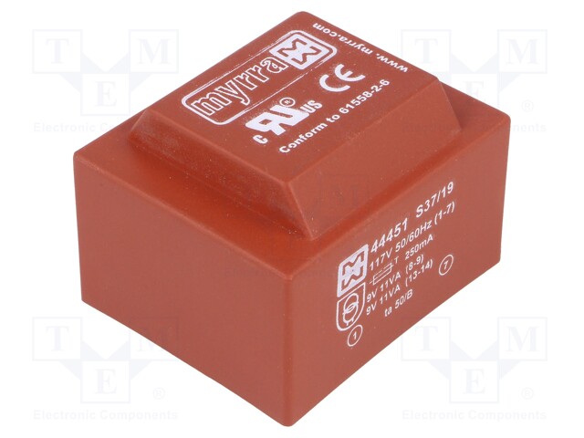 Transformer: encapsulated; 22VA; 117VAC; 9V; 9V; 1222mA; 1222mA