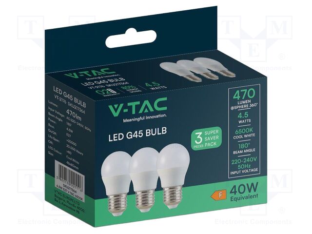 LED lamp; neutral white; E27; 220÷240VAC; 470lm; P: 4.5W; 180°; IP20