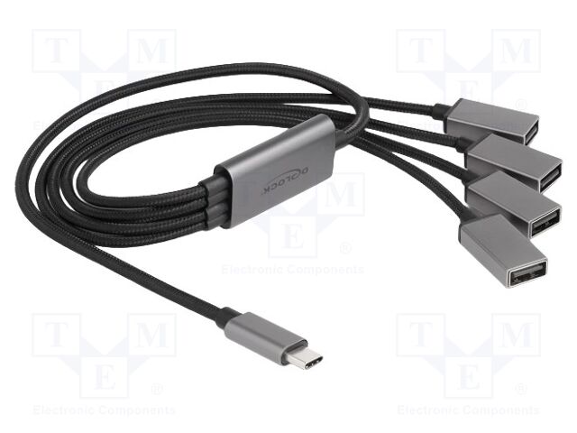 Cable; USB 2.0; USB A socket x4,USB C plug; 0.6m; black; metal