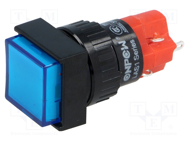 Switch: push-button; Pos: 2; SPDT; 3A/250VAC; 2A/24VDC; blue; none