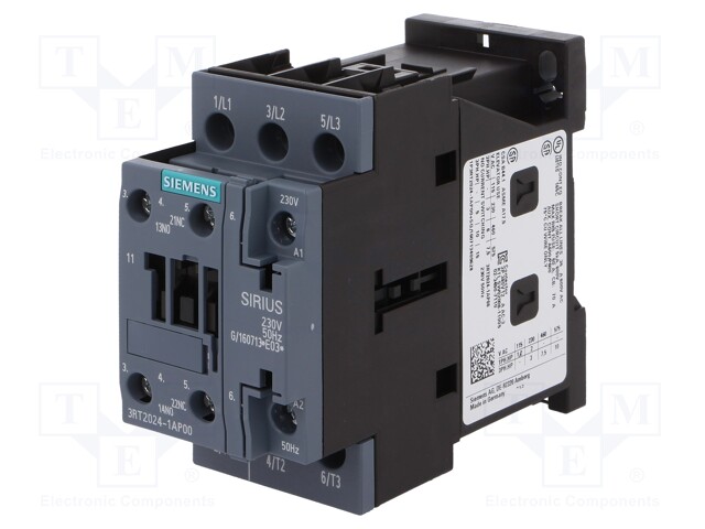 Contactor: 3-pole; NO x3; Auxiliary contacts: NO + NC; 230VAC; 12A