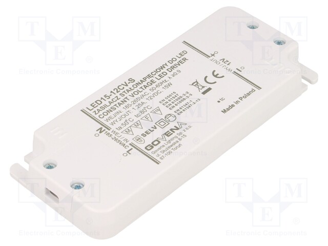 Power supply: switched-mode; LED; 15W; 12VDC; 1.25A; 185÷265VAC