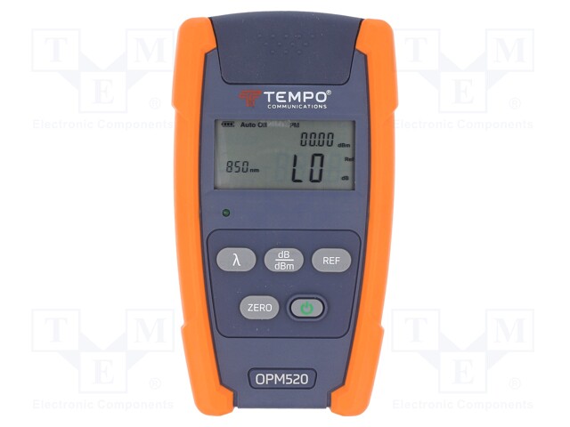 Meter: optical power; LCD; Range: -50÷.27dBm; Meas.accur: ±0.25 dB