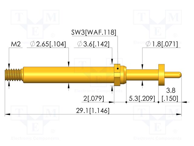 Test needle; Spring compression: 4mm; 5mm; 8A; CuBe; gold-plated