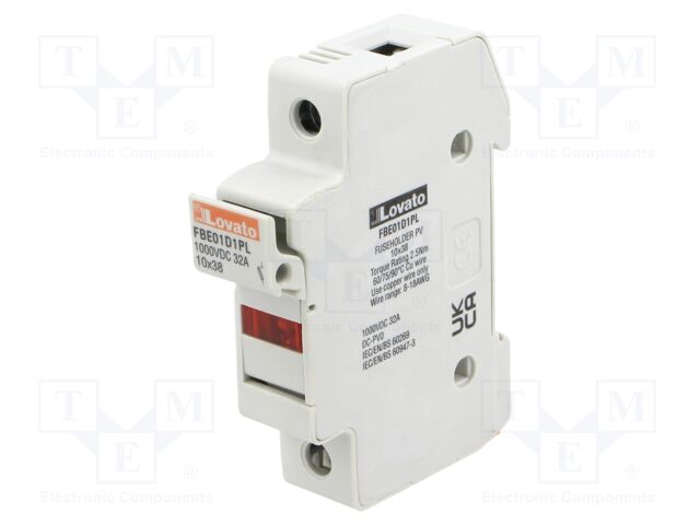 Fuse base; 10x38mm; for DIN rail mounting; 32A; Poles: 1; 1kVDC