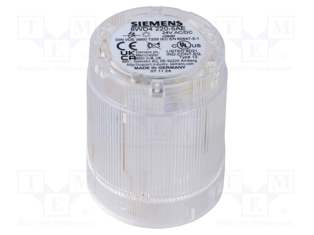 Visual Signal Indicator, Transparent, Continuous, 24 VDC, 24 VAC, IP54, 50 mm Dia, 67 mm Height