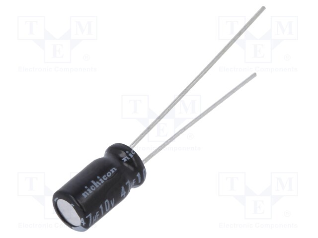 Capacitor: electrolytic; THT; 47uF; 10VDC; Ø5x9mm; Pitch: 2mm; ±20%