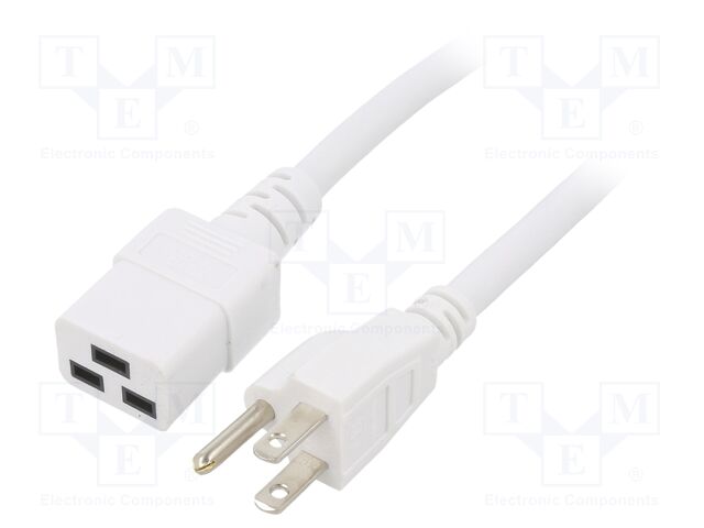 Cable; 3x14AWG; IEC C19 female,NEMA 5-15 (B) plug; PVC; 2m; white