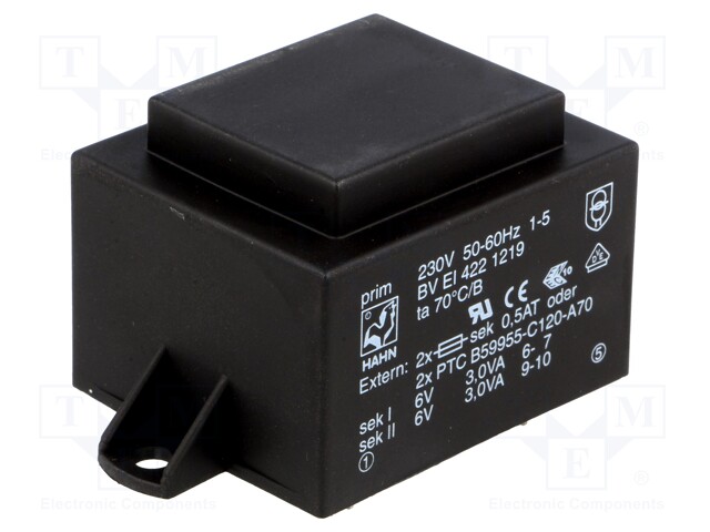 Transformer: encapsulated; 6VA; 230VAC; 6V; 6V; 500mA; 500mA; 200g