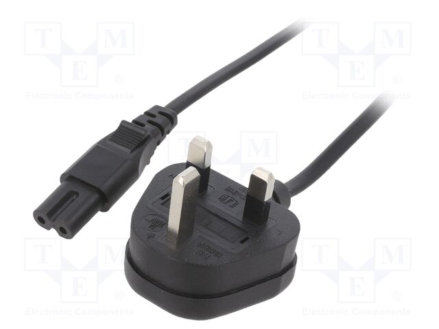 Cable; 2x0.75mm2; BS 1363 (G) plug,IEC C7 female; PVC; 1m; black