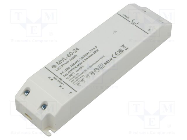 Power supply: switching; LED; 60W; 24VDC; 2.5A; 200÷240VAC; IP20