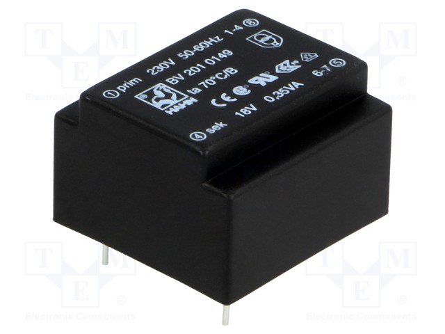 Transformer: encapsulated; 0.35VA; 230VAC; 18V; 19mA; Mounting: PCB