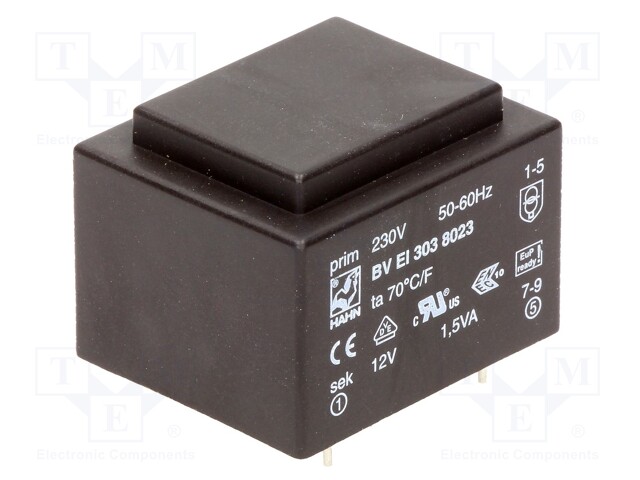 Transformer: encapsulated; 1.5VA; 230VAC; 12V; 125mA; Mounting: PCB