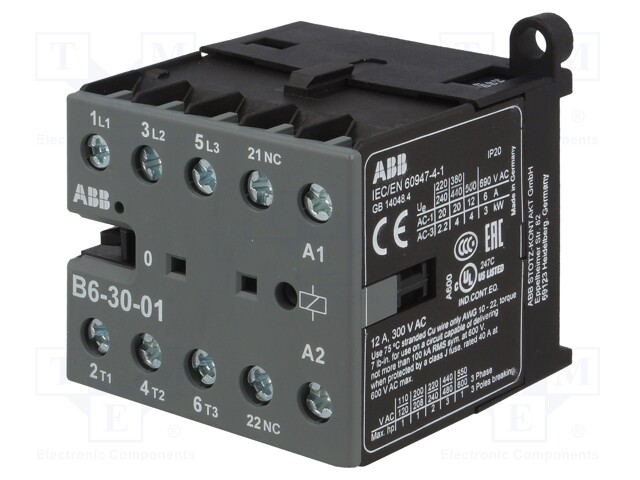 Contactor: 3-pole; NO x3; Auxiliary contacts: NC; 24VAC; 6A; B6