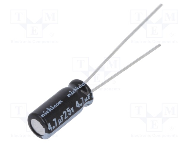 Capacitor: electrolytic; THT; 4.7uF; 25VDC; Ø5x11mm; Pitch: 2mm