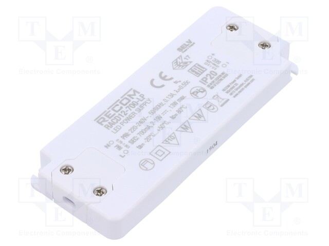 Power supply: switched-mode; LED; 12W; 2÷19VDC; 700mA; 198÷264VAC