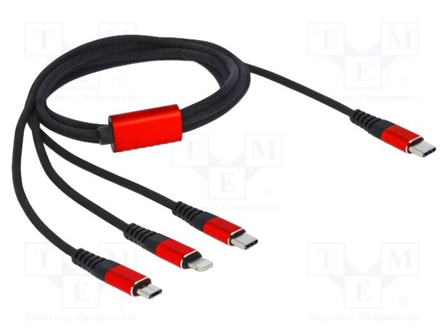 Cable; USB 2.0; 1m; black; Cu,tinned; 22AWG; metal; textile; 5V; 3A