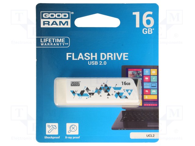 Pendrive; USB 2.0; 16GB; Read:20MB/s; Write:5MB/s; Colour: white