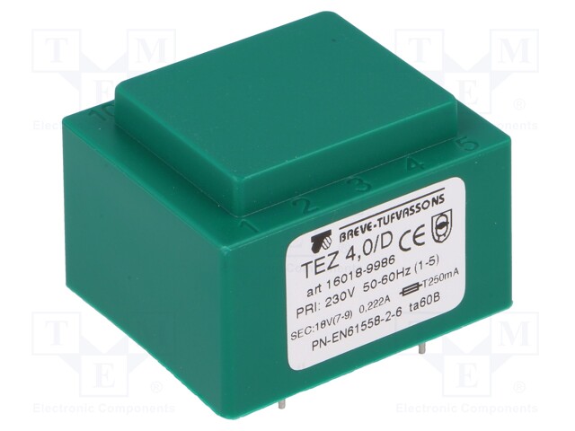 Transformer: encapsulated; 4VA; 230VAC; 18V; 222.2mA; Mounting: PCB