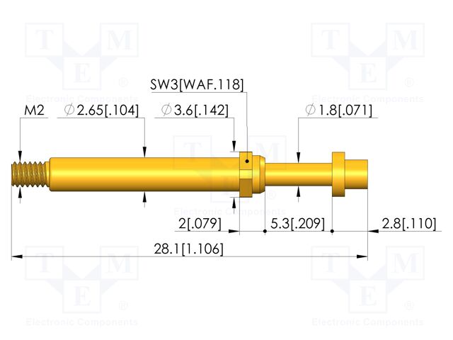 Test needle; Spring compression: 4mm; 5mm; 8A; CuBe; gold-plated